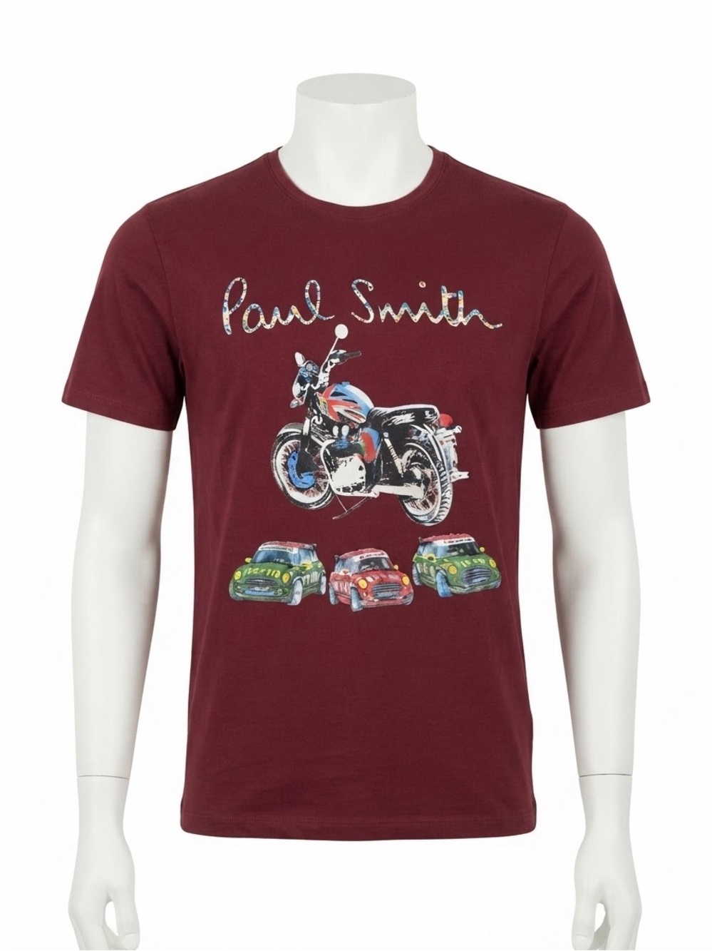 Paul Smith ITTIERRE Graphic T-Shirt Burgundy Moto Car Print Size M